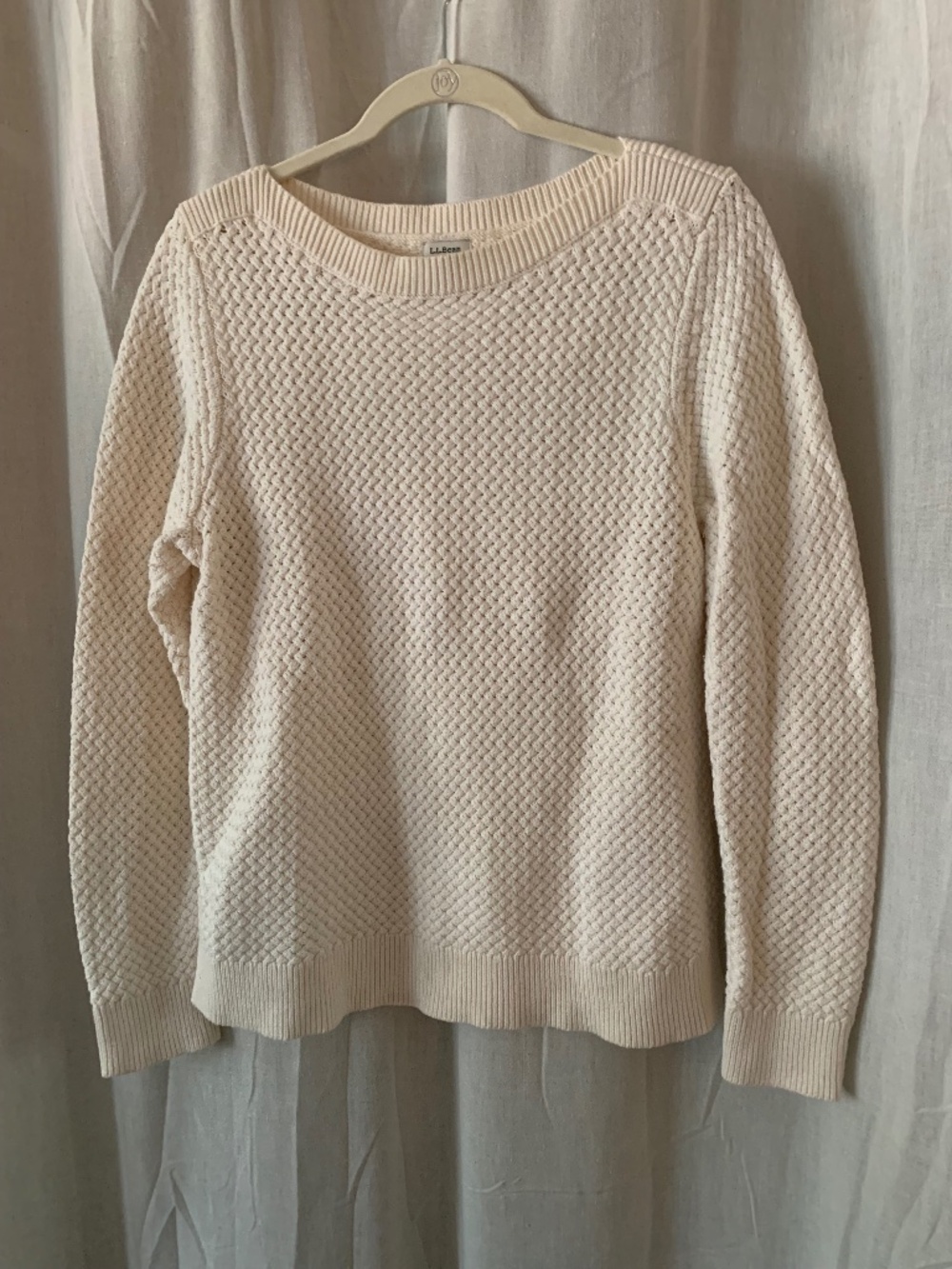 L.L.Bean 100% Cotton Textured Knit Crewneck Sweater L Ivory